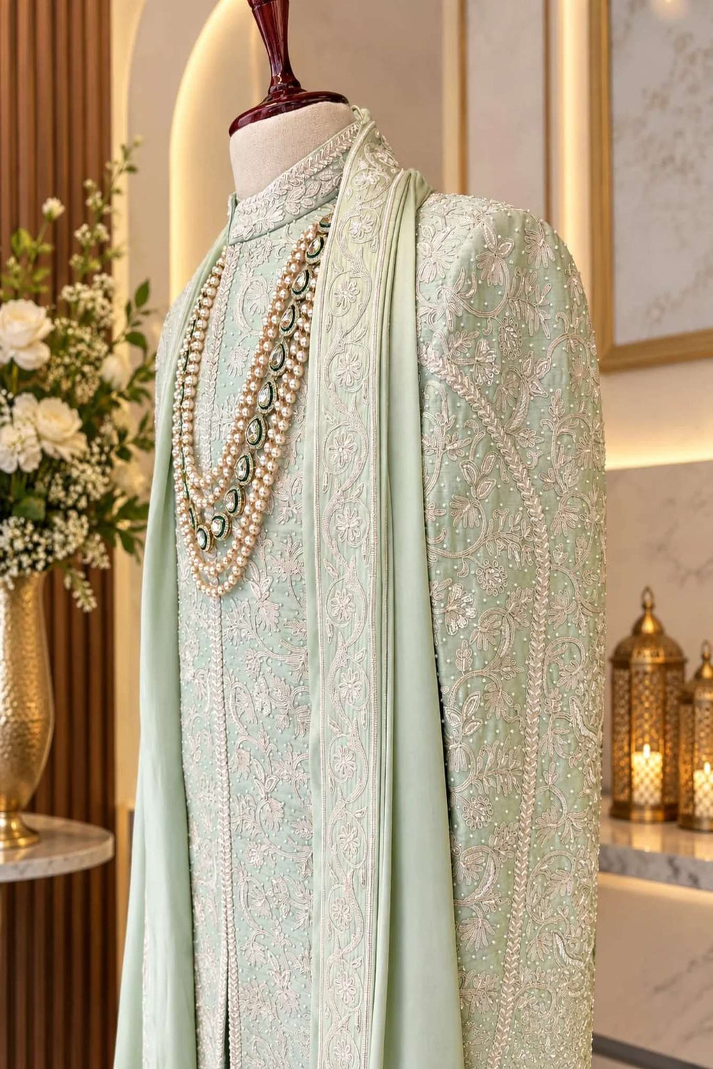 Elegant Hand-Embroidered Mint Green Sherwani