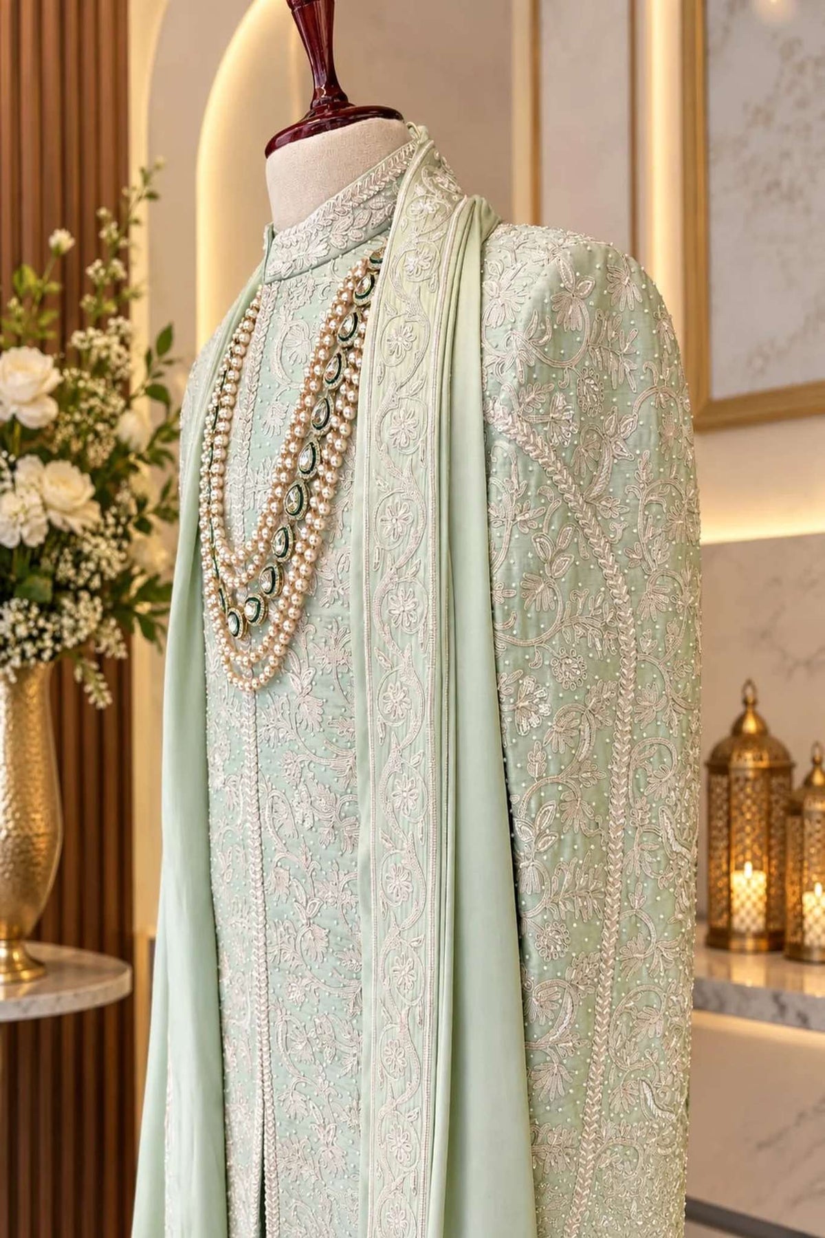 Elegant Hand-Embroidered Mint Green Sherwani