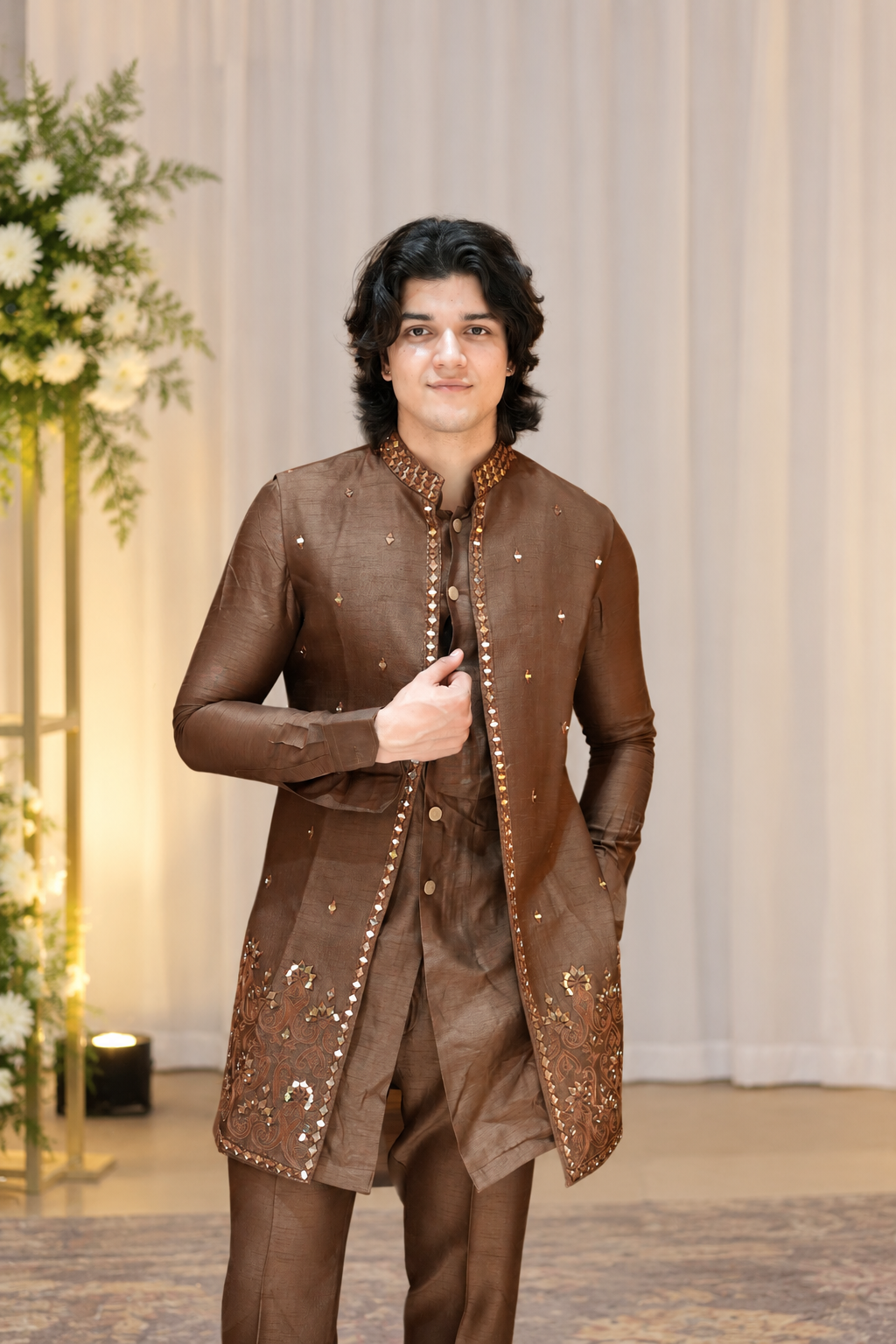 Brown Designer Embroidered Indo-Western
