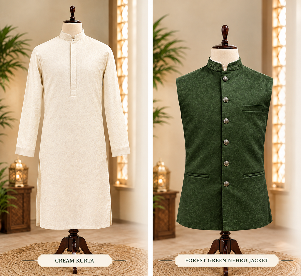 Premium Forest Green Velvet Nehru Jacket with Cream Kurta