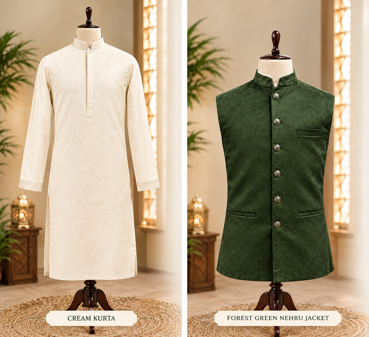 Premium Forest Green Velvet Nehru Jacket with Cream Kurta