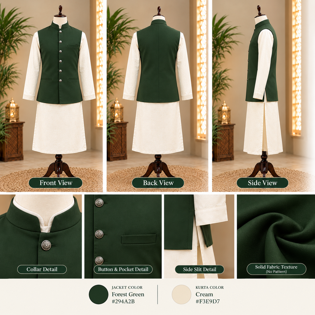 Premium Forest Green Velvet Nehru Jacket with Cream Kurta