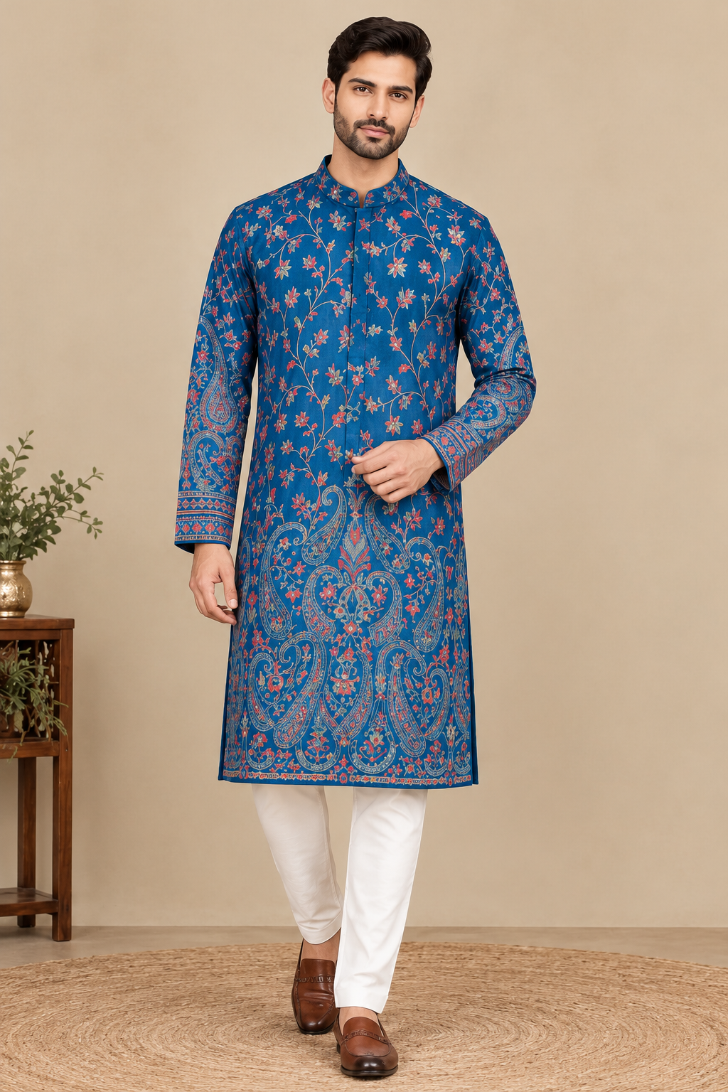Royal Blue Floral Embroidered Mandarin Collar Kurta - Available in Mustard and Maroon also