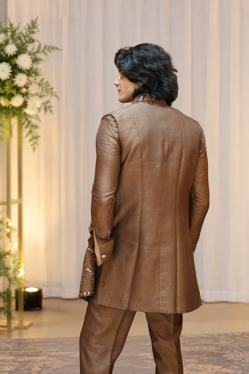 Brown Designer Embroidered Indo-Western