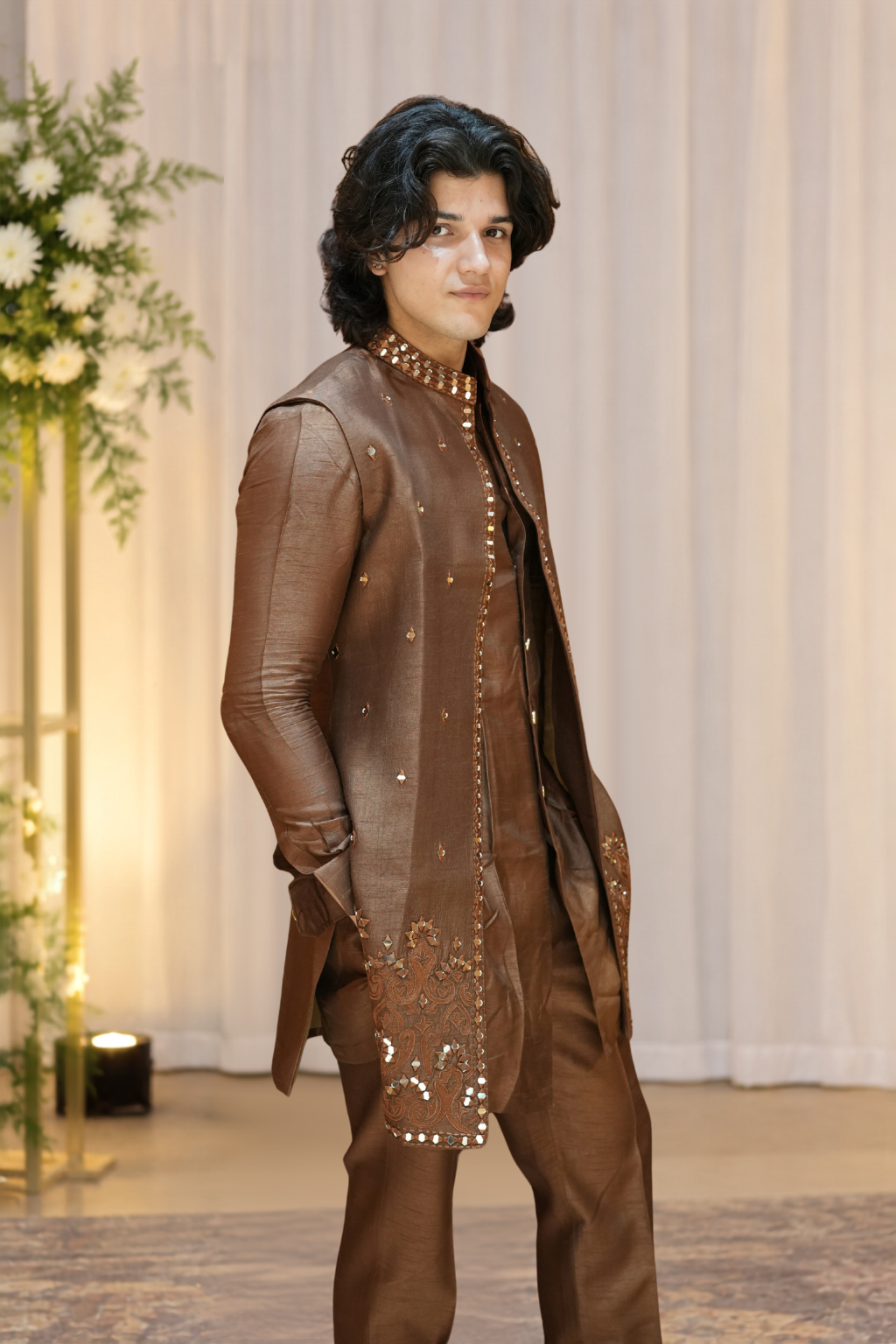 Brown Designer Embroidered Indo-Western