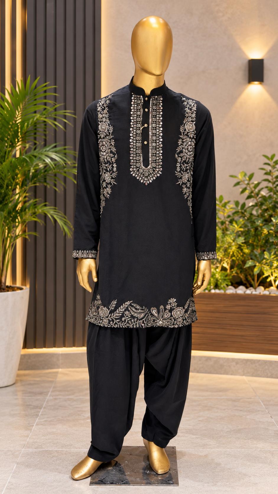Royal Black Hand-Embroidered Kurta With Salwar