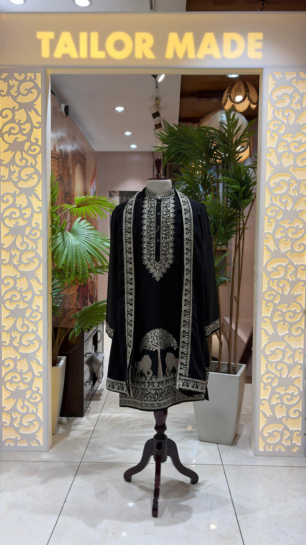 Midnight Black Regal Sherwani with Matching Embroidered Dupatta & Pant
