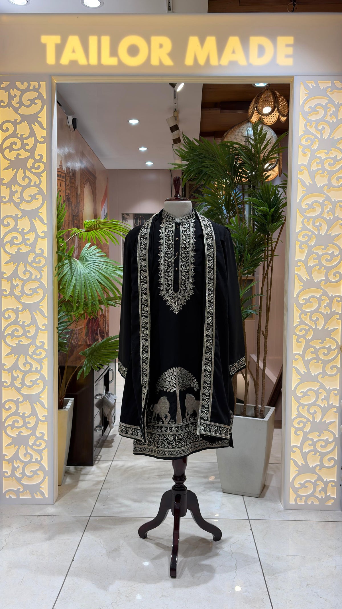 Midnight Black Regal Sherwani with Matching Embroidered Dupatta & Pant