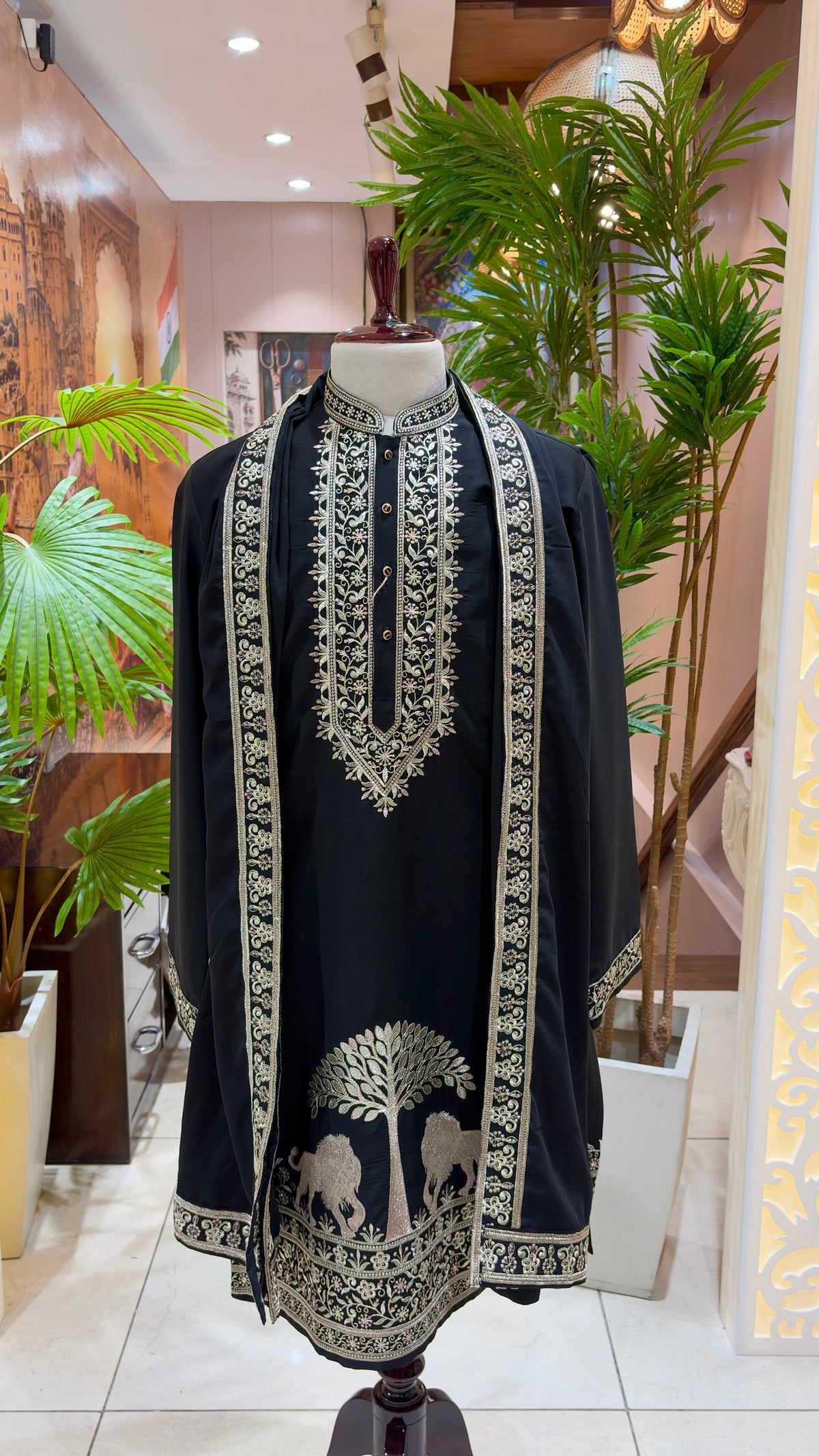 Midnight Black Regal Sherwani with Matching Embroidered Dupatta & Pant
