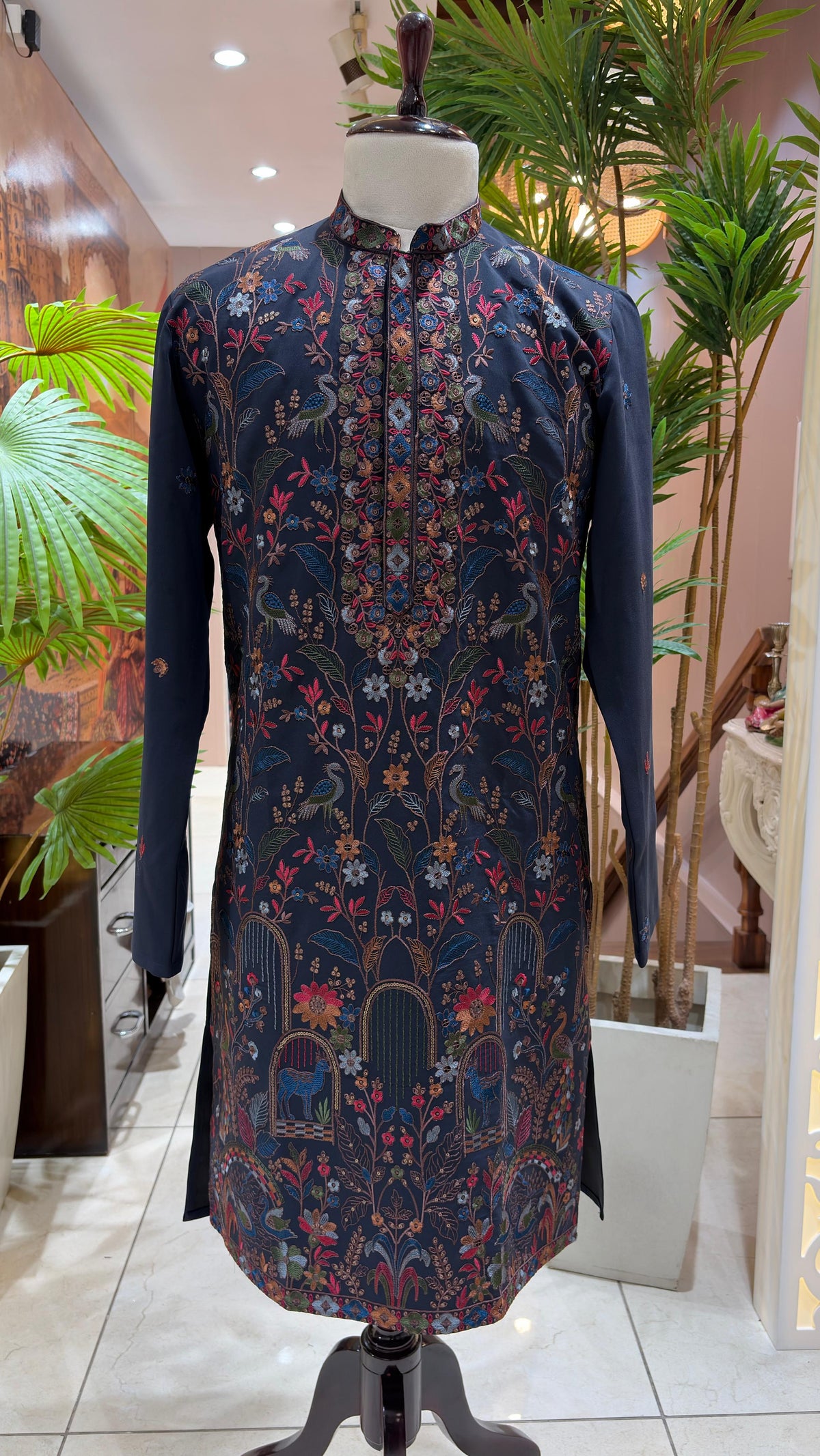 Midnight Navy Hand-Embroidered Floral & Birdwork Sherwani