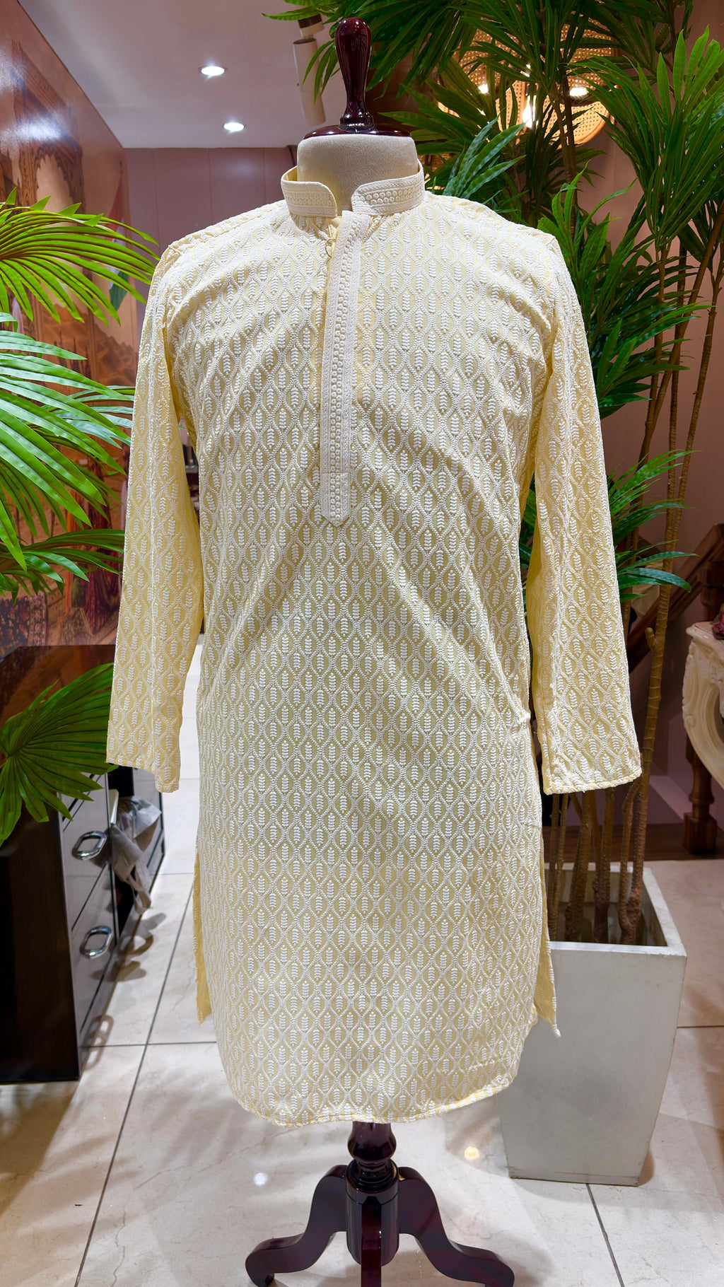 Lemon Yellow Hand-Embroidered Textured Kurta