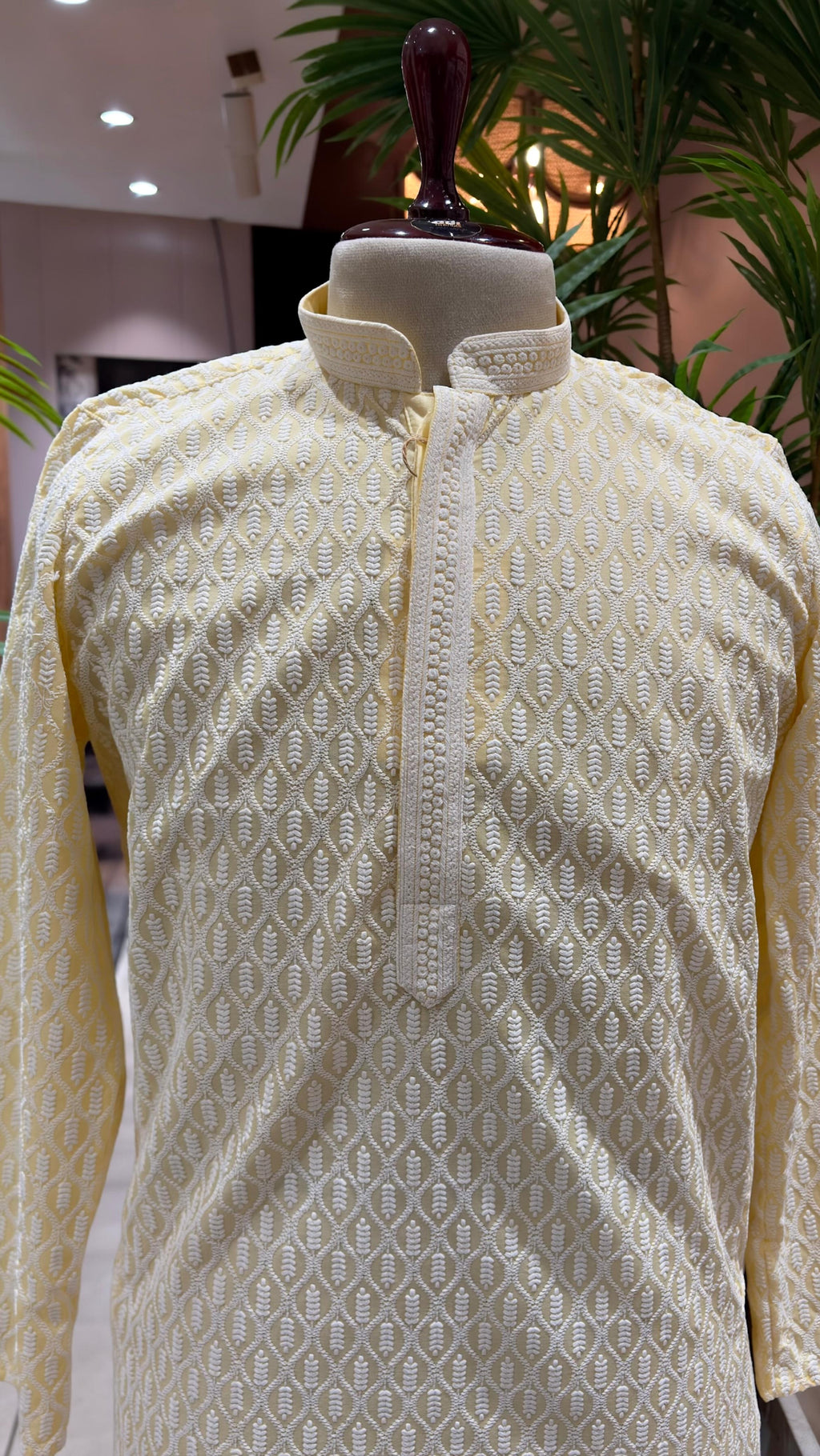 Lemon Yellow Hand-Embroidered Textured Kurta