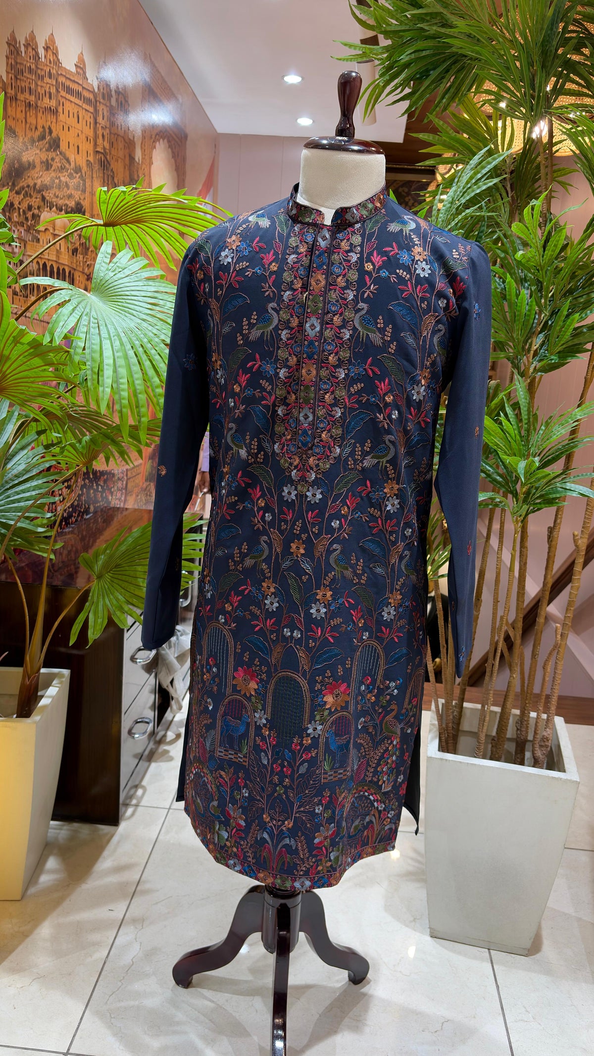 Midnight Blue Hand-Embroidered Floral & Peacock Kurta