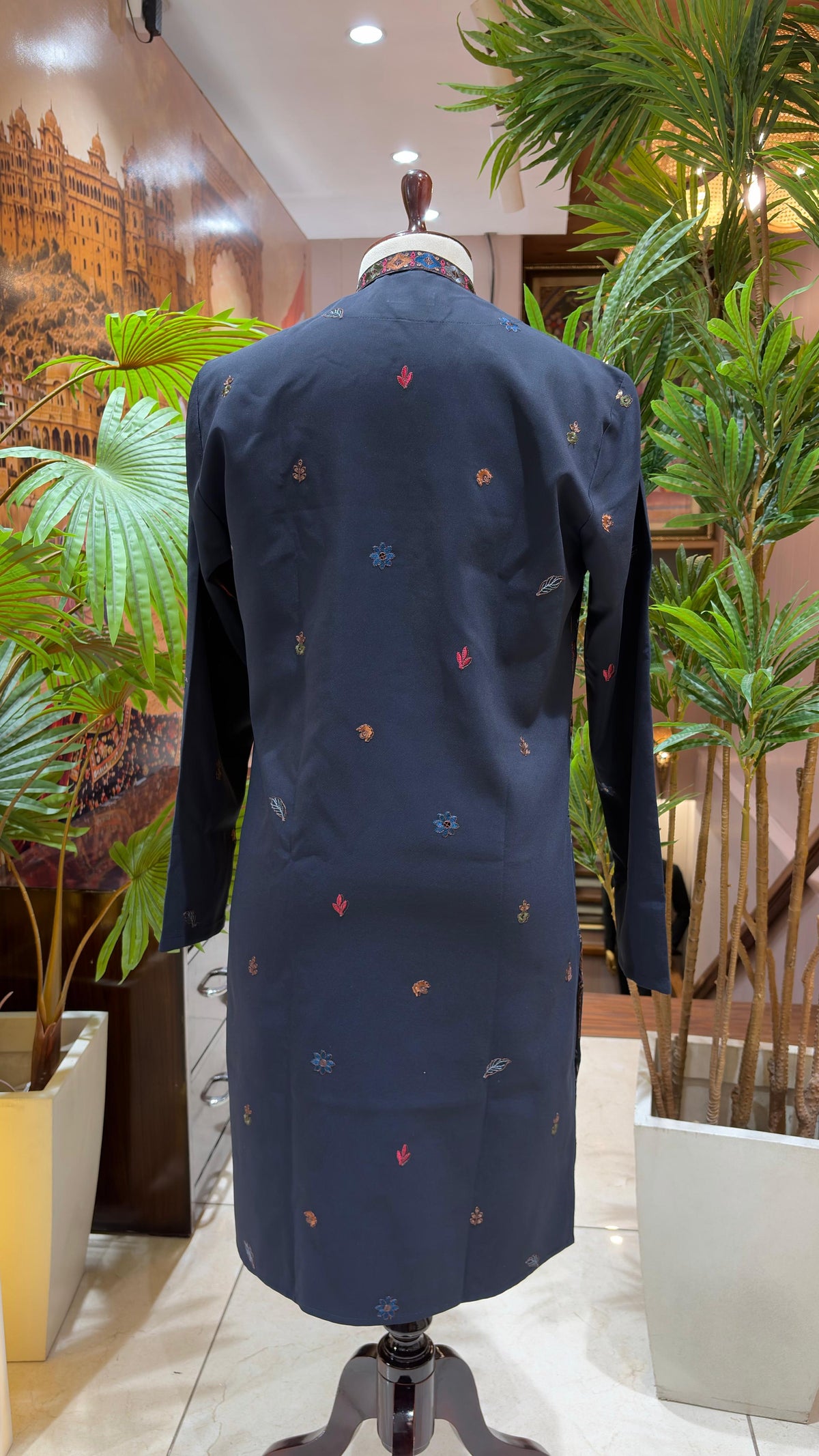 Midnight Blue Hand-Embroidered Floral & Peacock Kurta