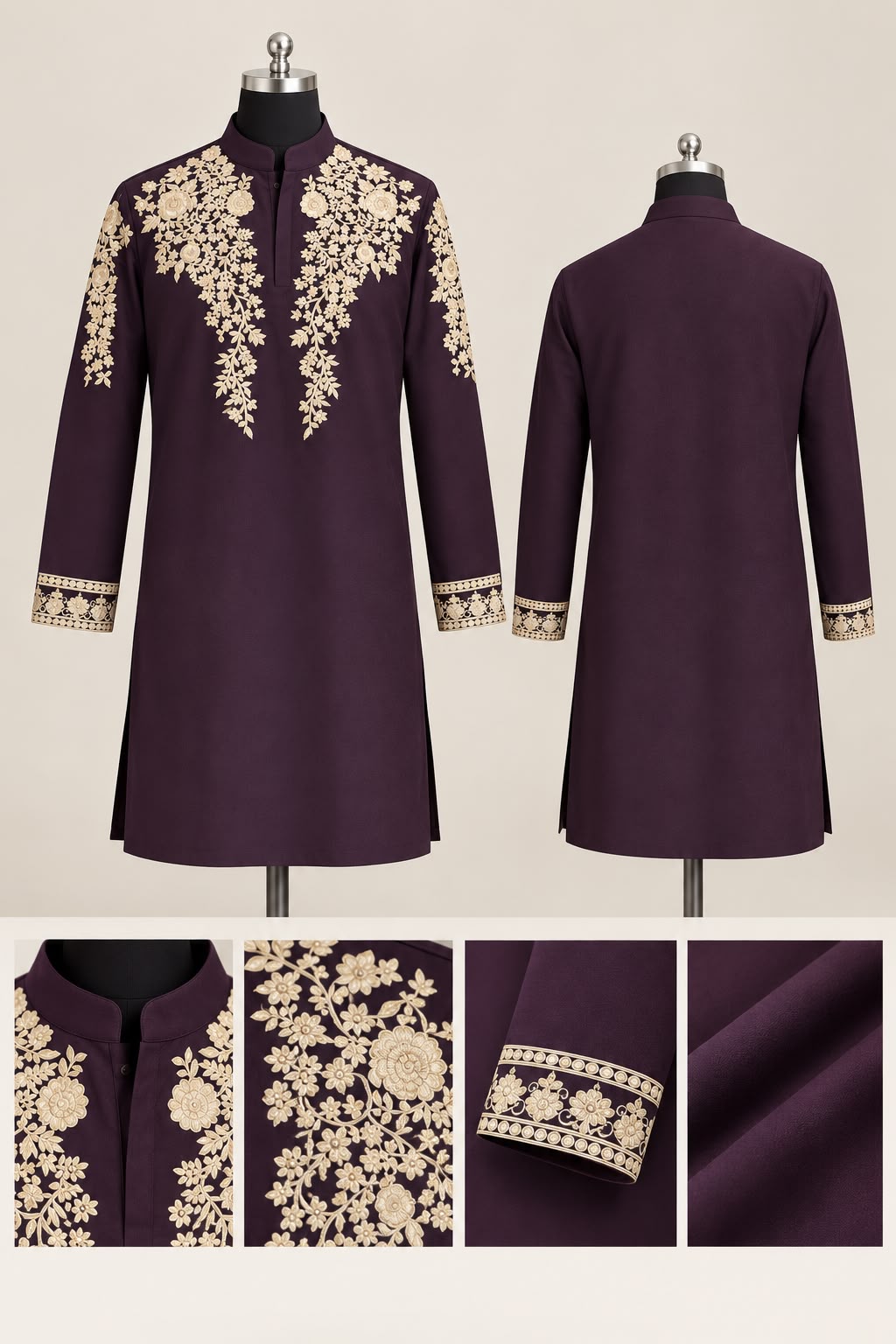 Royal Plum Embroidered Kurta with Intricate Floral Detailing