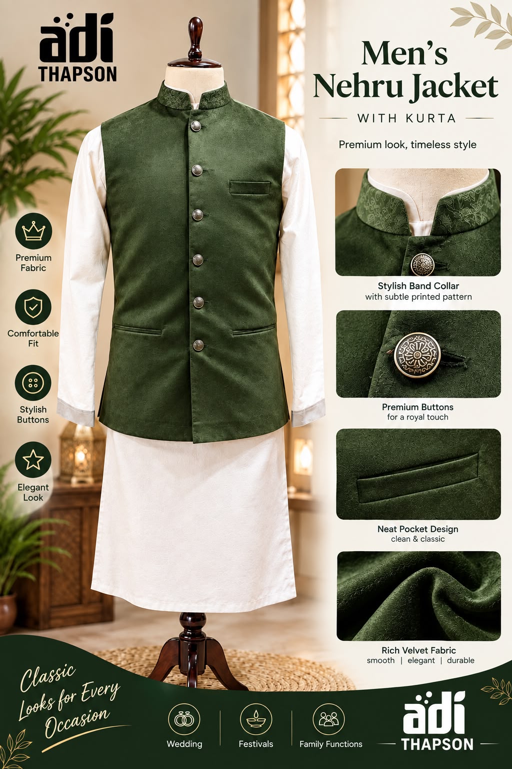 Premium Forest Green Velvet Nehru Jacket with Cream Kurta