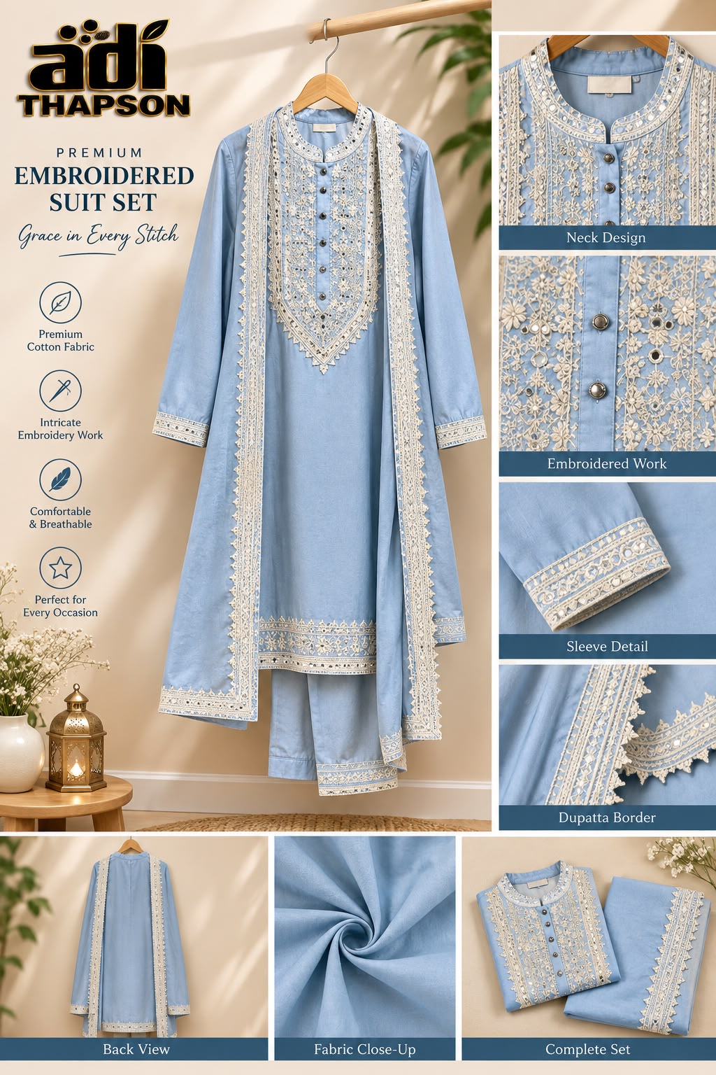 Premium Embroidered Kurta Set with Matching Dupatta – Sky Blue