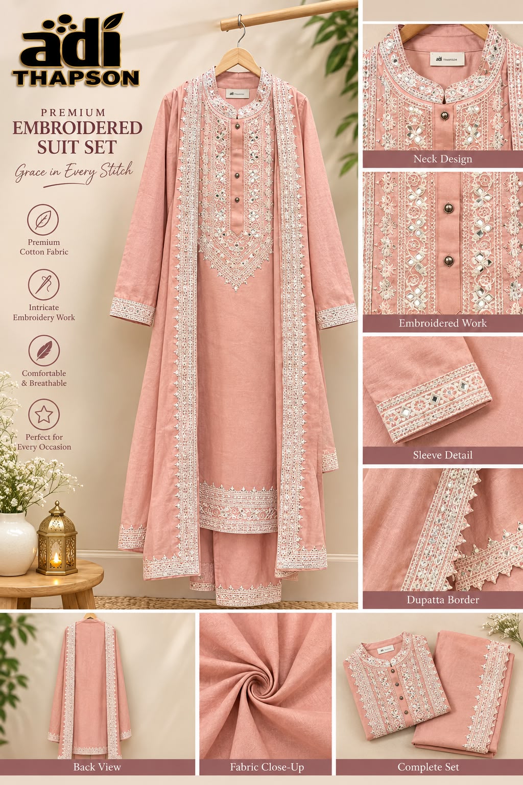 Premium Embroidered Kurta Set with Matching Dupatta – Peach
