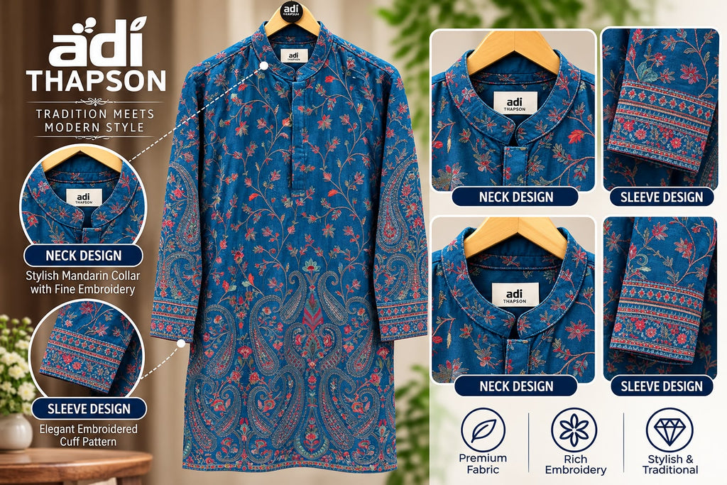 Royal Blue Floral Embroidered Mandarin Collar Kurta - Available in Mustard and Maroon also
