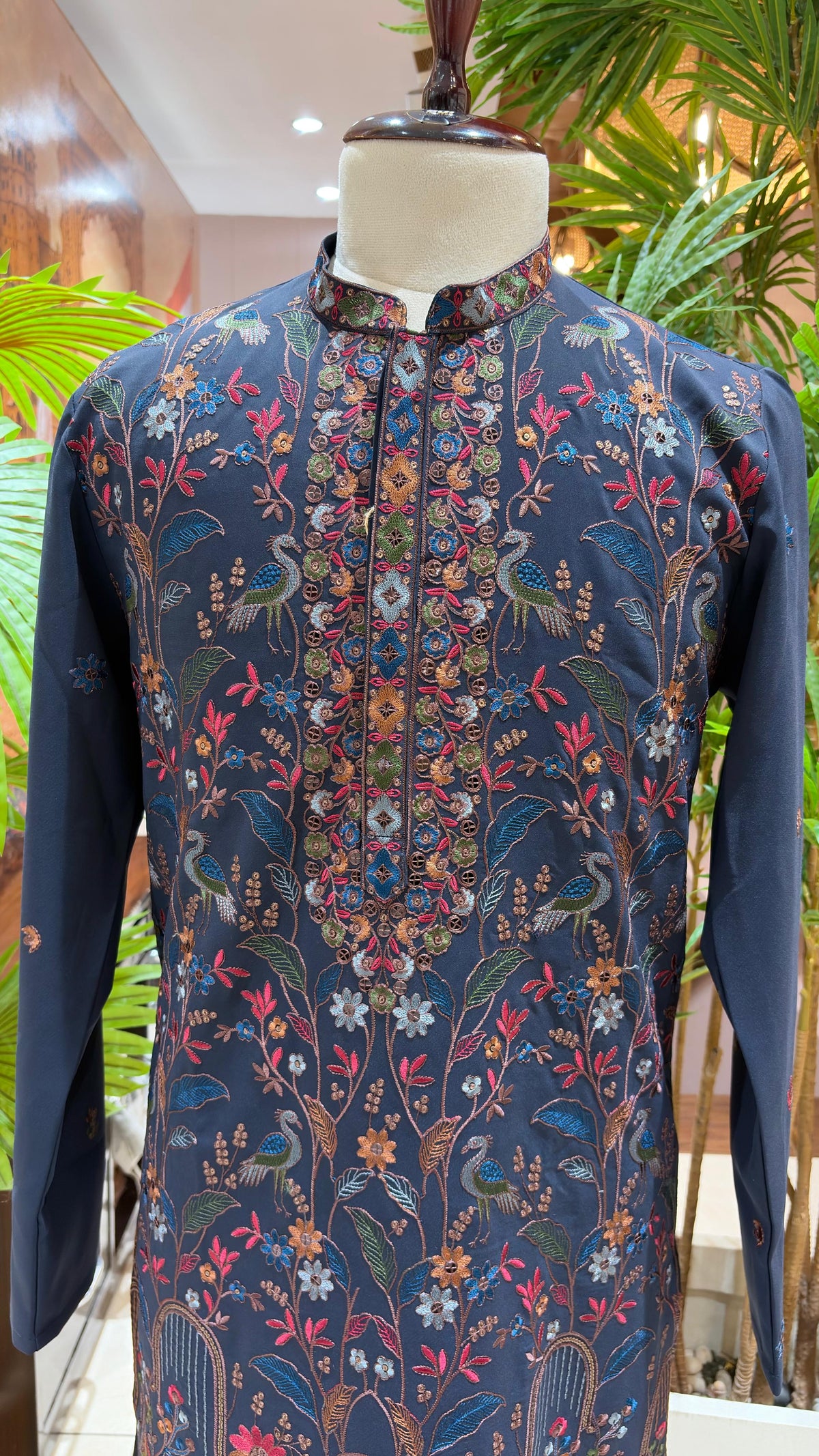 Midnight Navy Hand-Embroidered Floral & Birdwork Sherwani