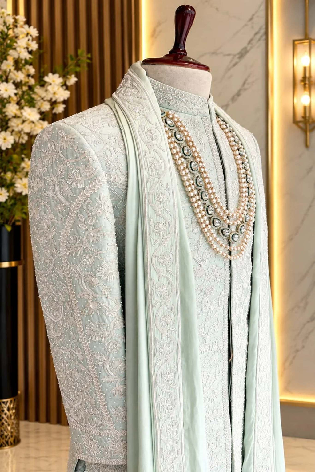 Elegant Hand-Embroidered Mint Green Sherwani