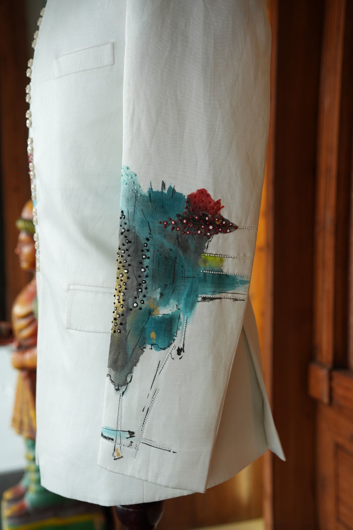 White Jacket with Multicolor Abstract Embroidery