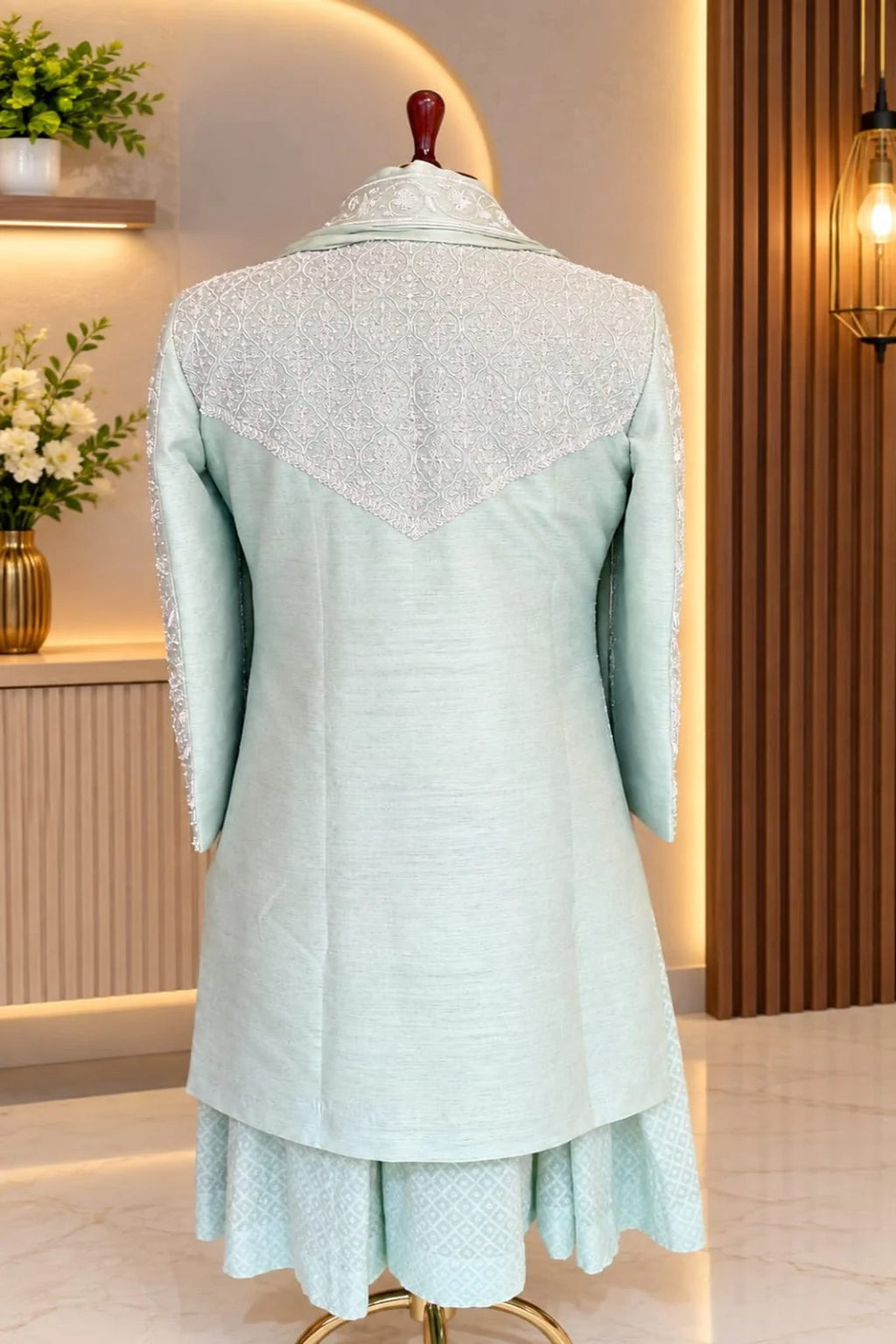 Elegant Hand-Embroidered Mint Green Sherwani
