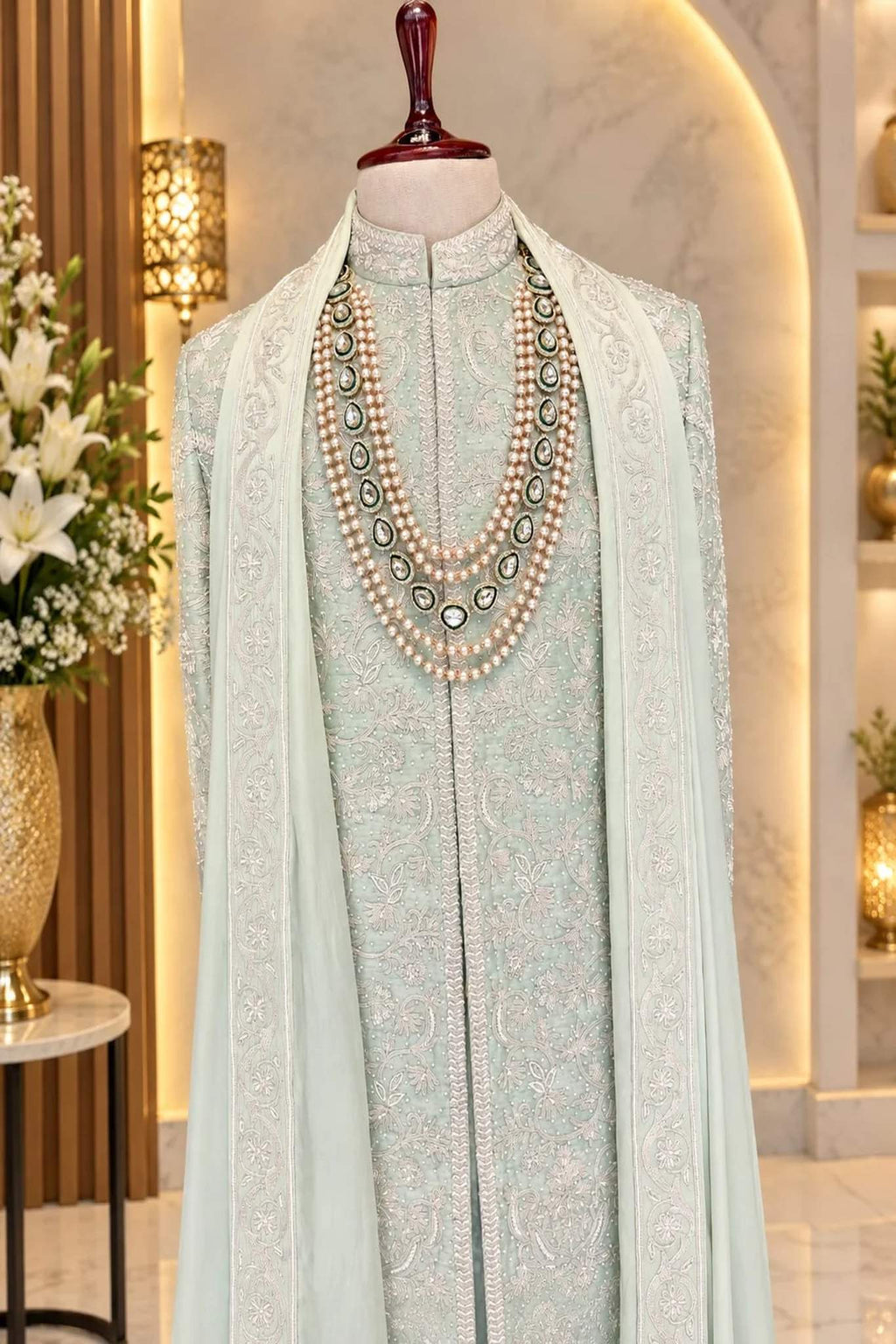 Elegant Hand-Embroidered Mint Green Sherwani