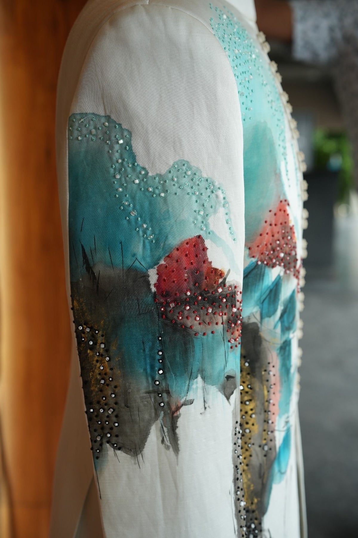 White Jacket with Multicolor Abstract Embroidery
