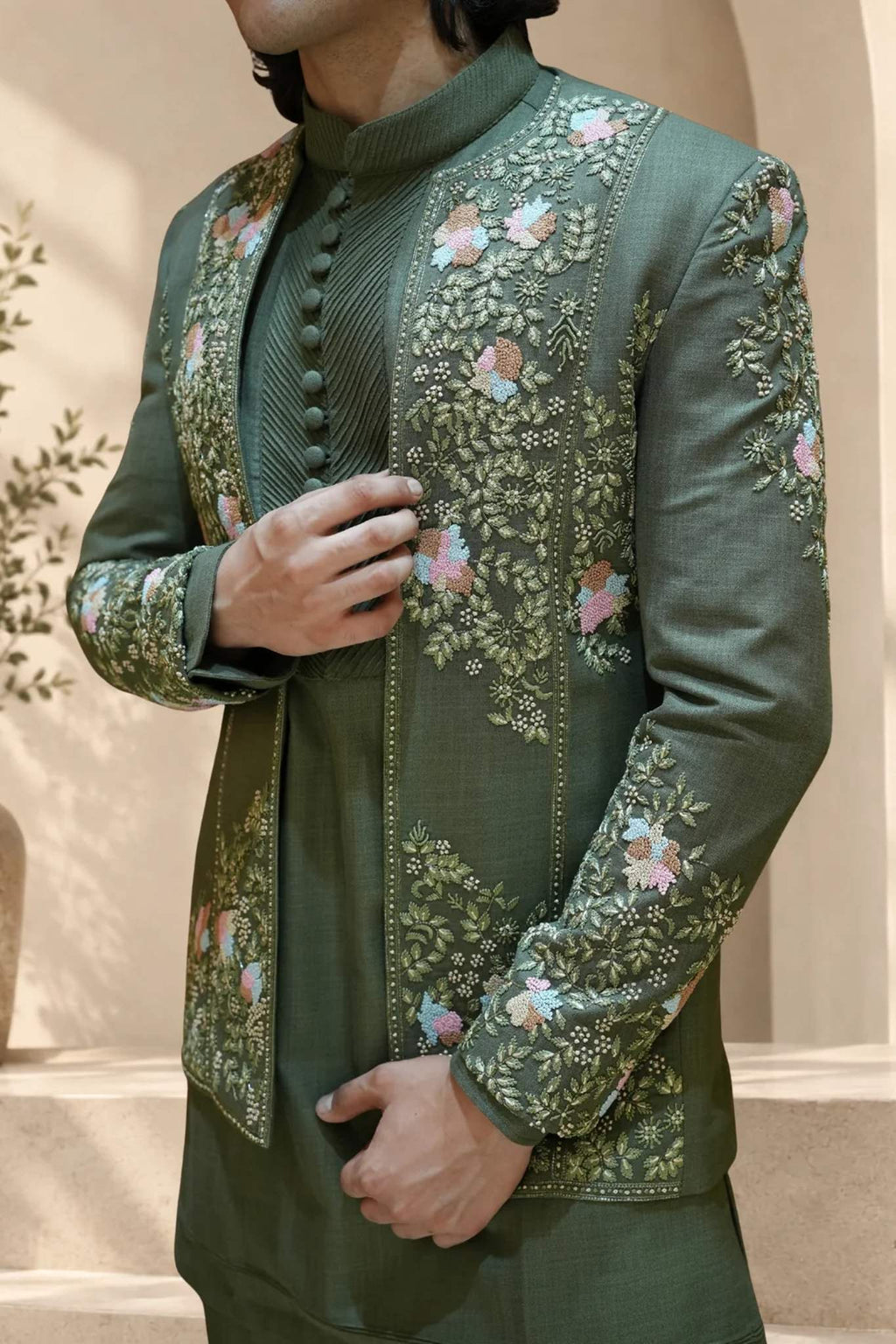 Olive Green Designer Indo-Western Set