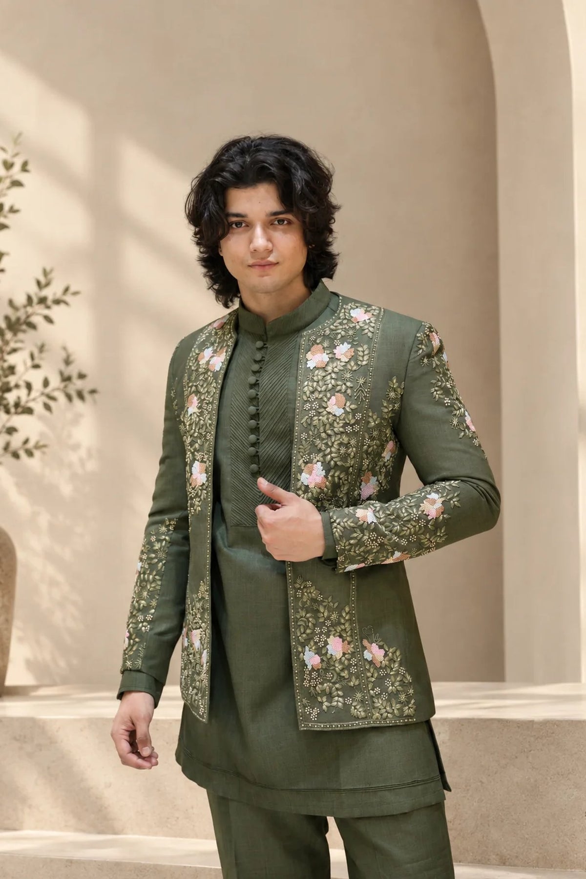 Olive Green Designer Indo-Western Set