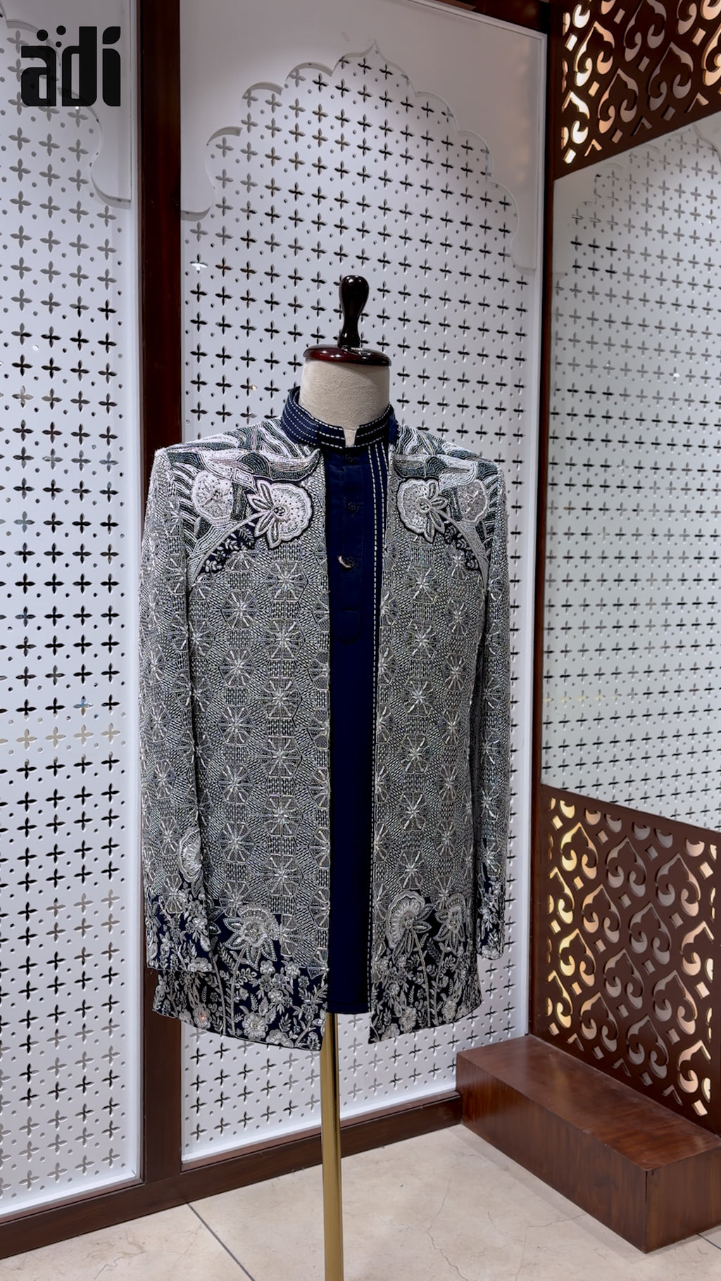 Silver Royale Hand-Embroidered Indo-Western Sherwani with Navy Blue Kurta