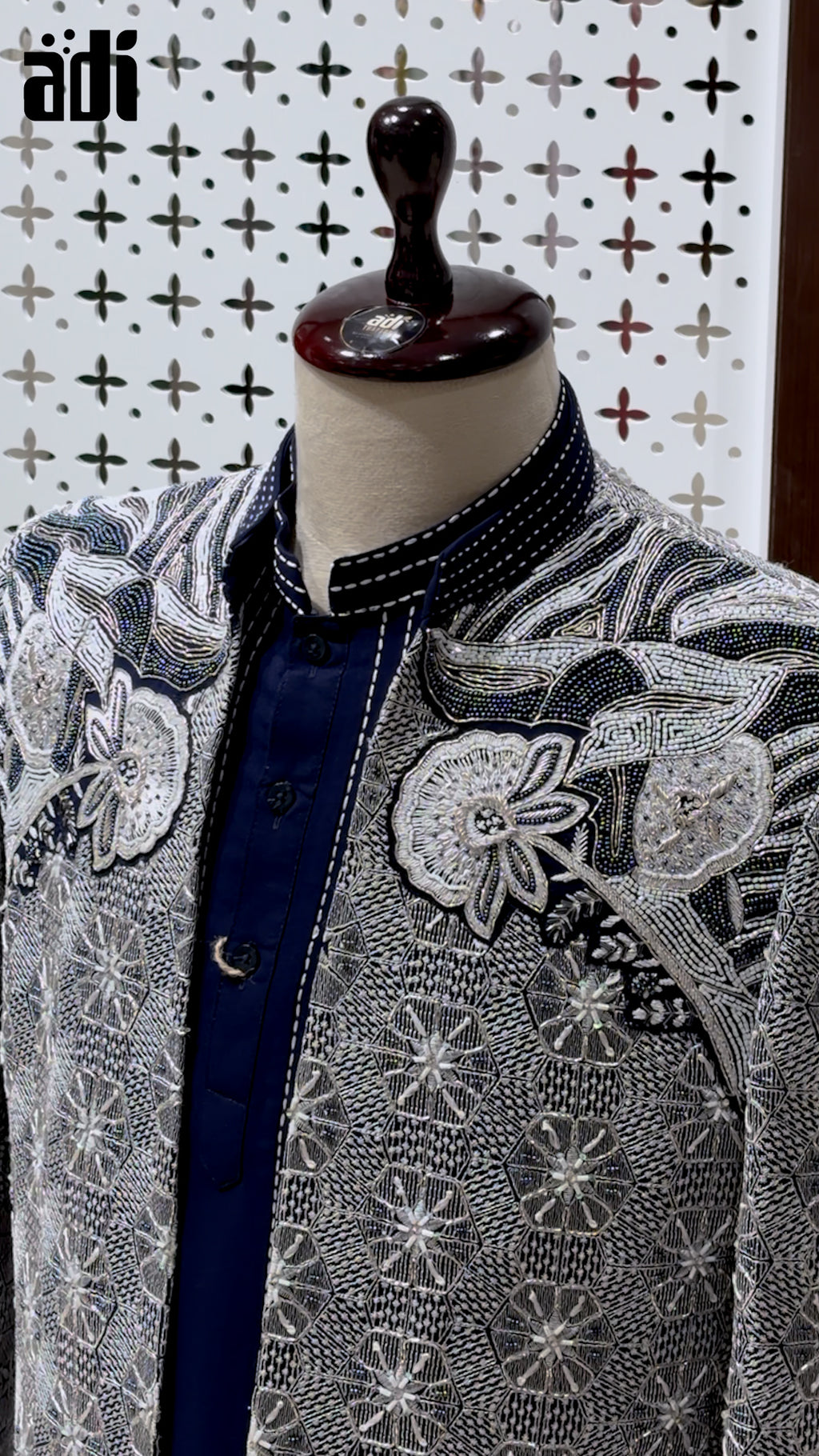 Silver Royale Hand-Embroidered Indo-Western Sherwani with Navy Blue Kurta