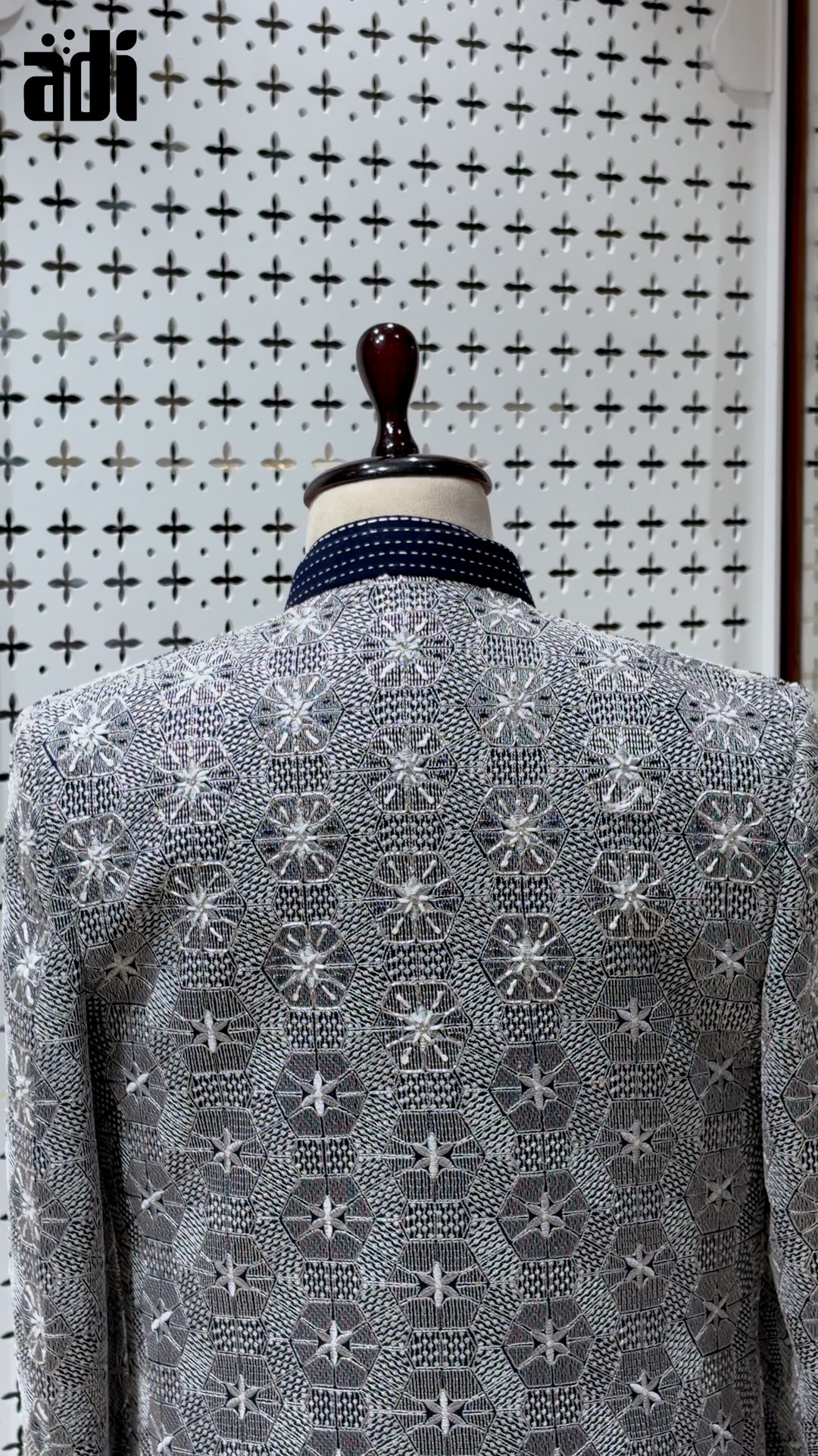 Silver Royale Hand-Embroidered Indo-Western Sherwani with Navy Blue Kurta