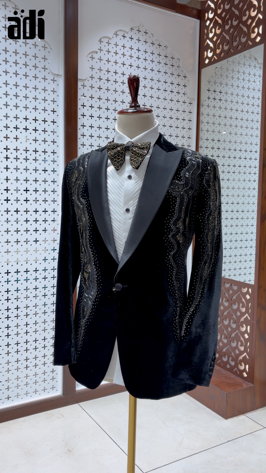 Black Royale Velvet Tuxedo with Gold Embroidered Detailing & Designer Bow Tie