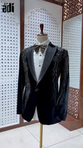 Black Royale Velvet Tuxedo with Gold Embroidered Detailing & Designer Bow Tie