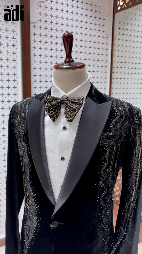 Black Royale Velvet Tuxedo with Gold Embroidered Detailing & Designer Bow Tie