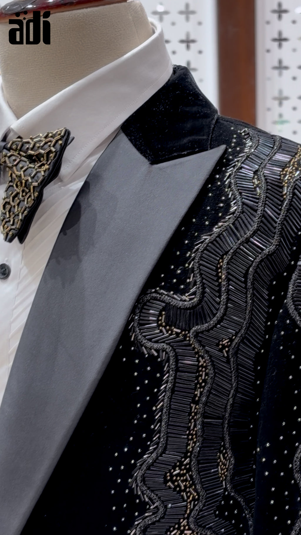 Black Royale Velvet Tuxedo with Gold Embroidered Detailing & Designer Bow Tie