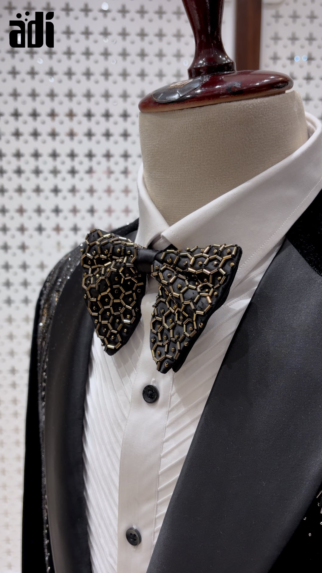 Black Royale Velvet Tuxedo with Gold Embroidered Detailing & Designer Bow Tie