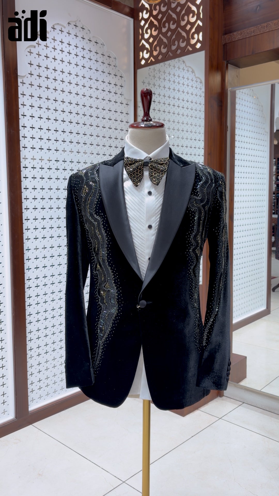 Black Royale Velvet Tuxedo with Gold Embroidered Detailing & Designer Bow Tie