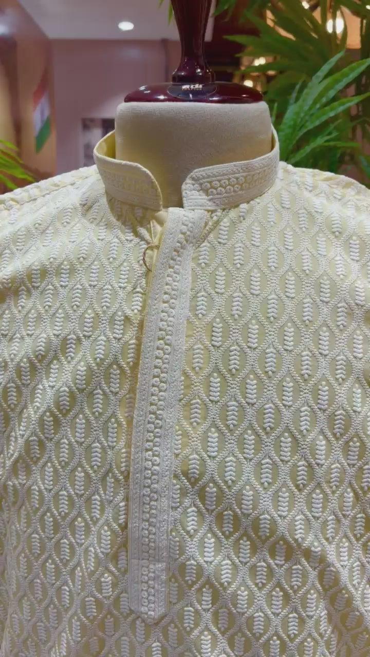 Lemon Yellow Hand-Embroidered Textured Kurta