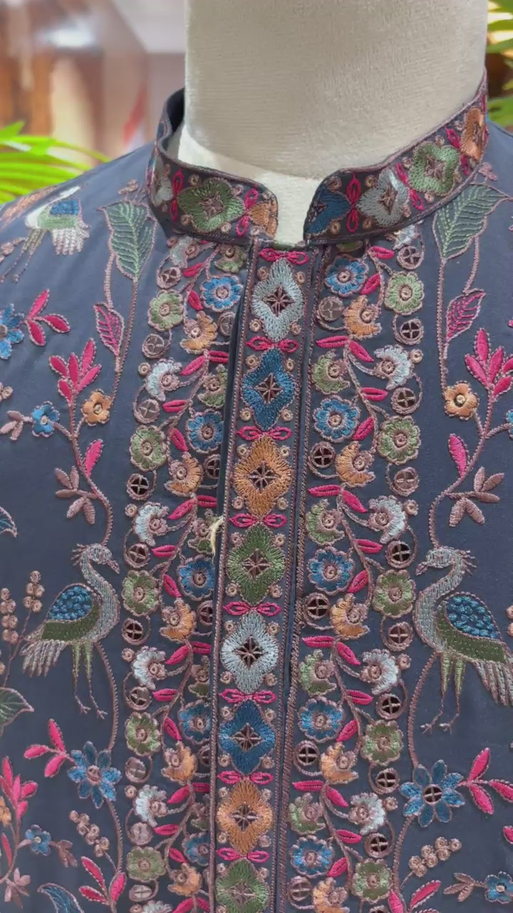 Midnight Blue Hand-Embroidered Floral & Peacock Kurta
