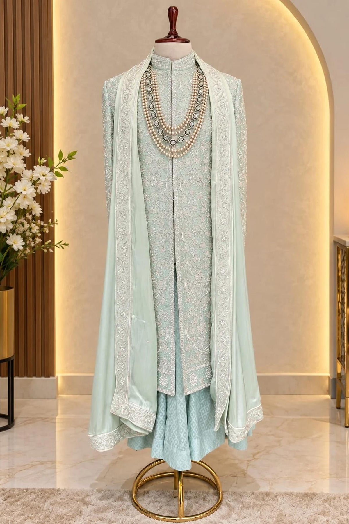 Elegant Hand-Embroidered Mint Green Sherwani