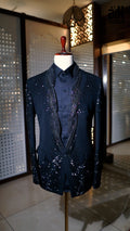 Midnight Black Mirror Work Tuxedo with Hand Embroidery