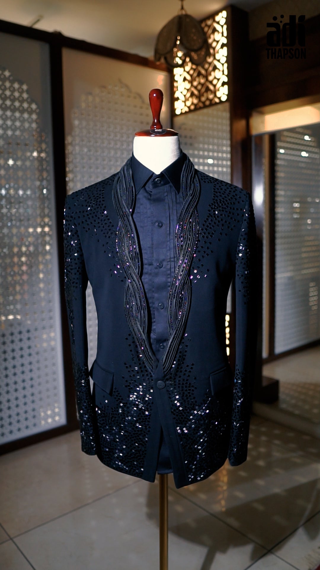 Midnight Black Mirror Work Tuxedo with Hand Embroidery