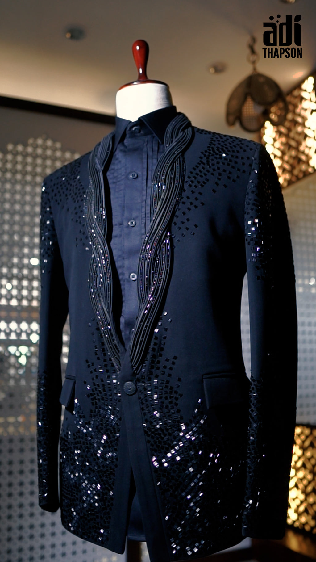 Midnight Black Mirror Work Tuxedo with Hand Embroidery