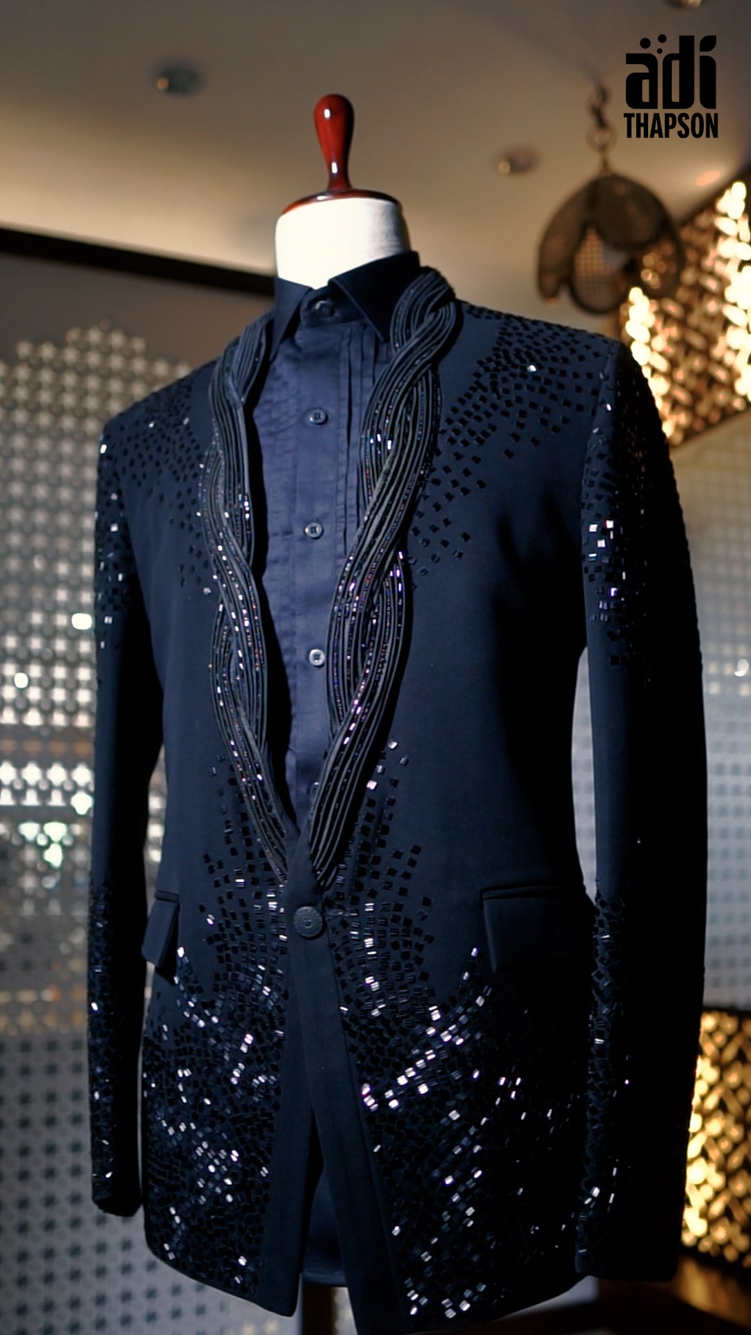 Midnight Black Mirror Work Tuxedo with Hand Embroidery