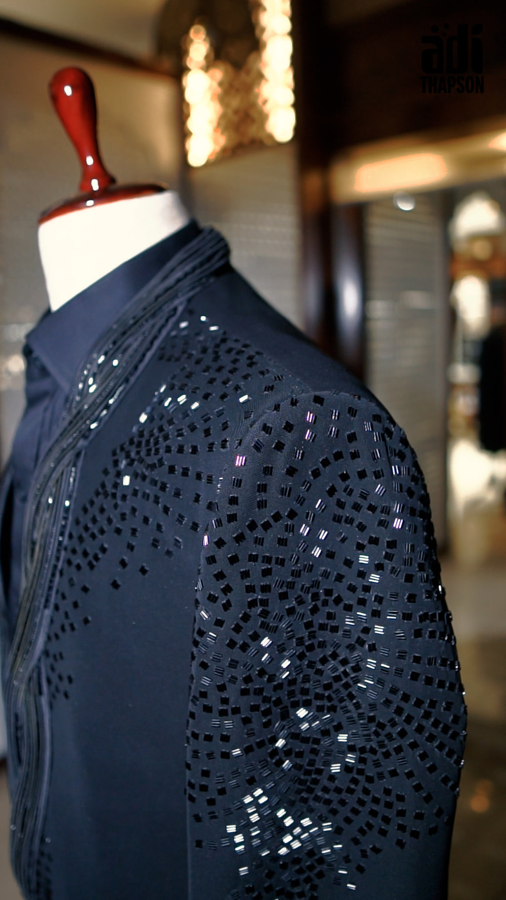 Midnight Black Mirror Work Tuxedo with Hand Embroidery