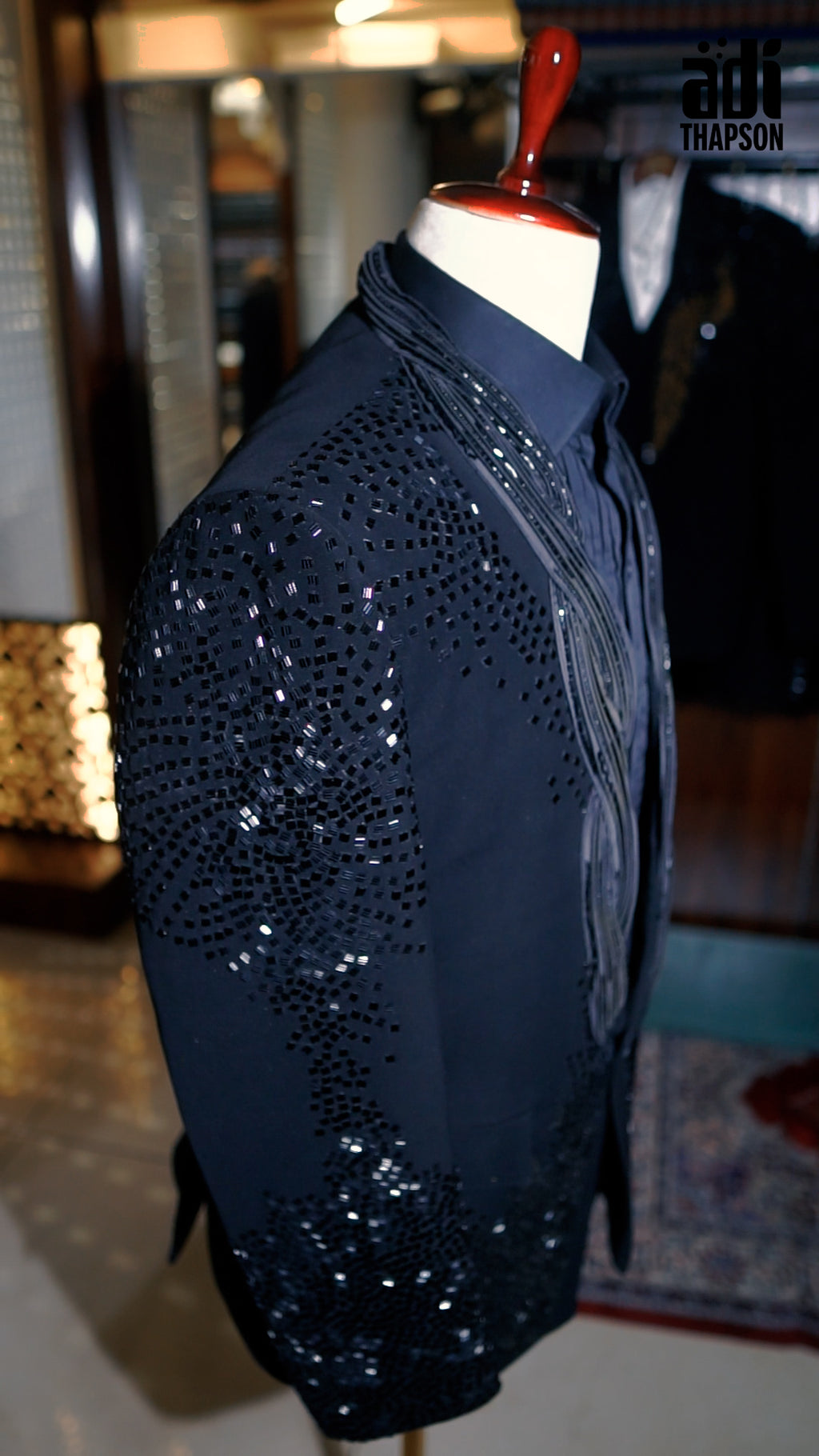 Midnight Black Mirror Work Tuxedo with Hand Embroidery